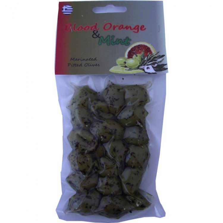 Olivy zelené bez pecky s příchutí červeného pomeranče a máty 100 g v EPAOO - Delikatesy, dárky Delikatesy