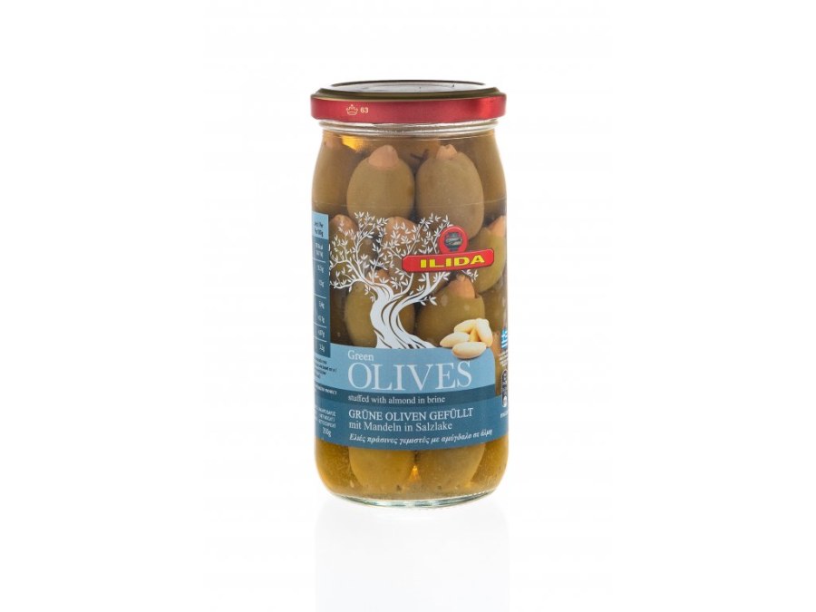 Olivy zelené ILIDA bez pecky plněné mandlí 350 g ve skle - Delikatesy, dárky Delikatesy