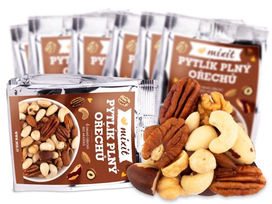Směs ořechů para, kešu, mandle, vlašské, lískové, pekanové 80 g MIXIT (pytlík plný ořechů) - Delikatesy, dárky Delikatesy