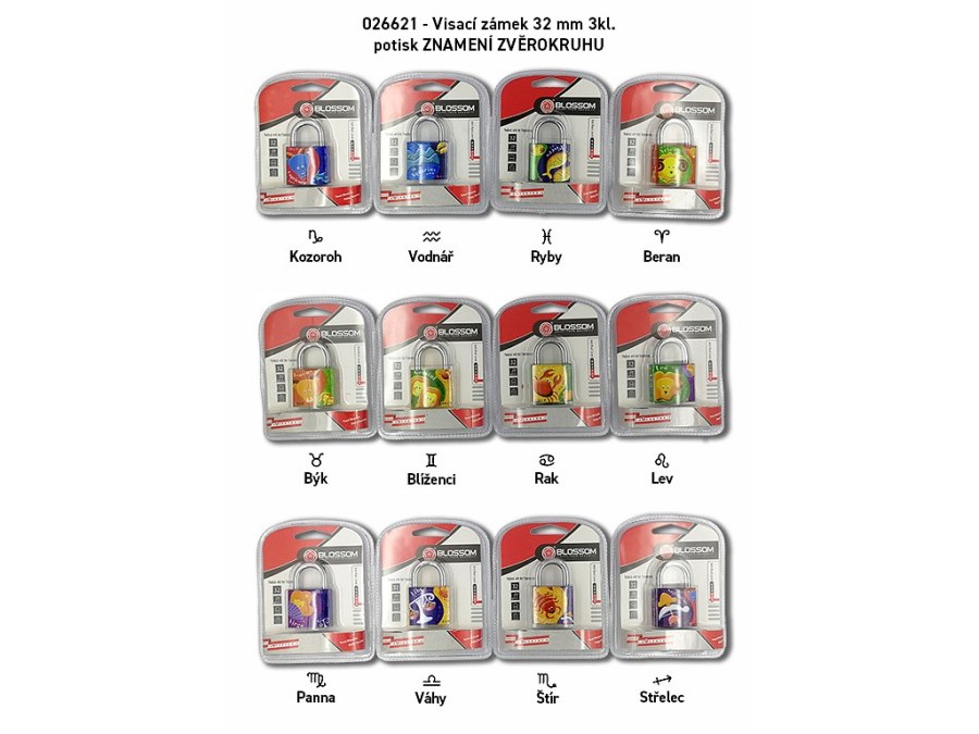 Zámek visací s potiskem 32 mm 3 klíče (balení 12 ks) - Vložky,zámky,klíče,frézky Zámky visací Zámky visací obyčejné