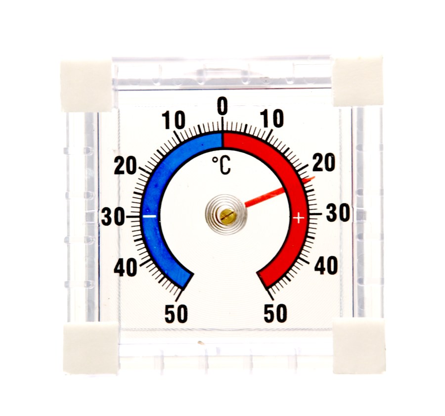 Teploměr okenní plastový samolepící, 75 x 75 mm, bimetalový, průhledný plast - Vybavení pro dům a domácnost Teploměry