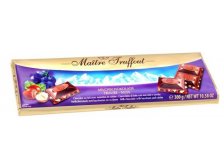 Čokoláda mléčná s lístkovými oříšky a rozinkami 300 g Maitre