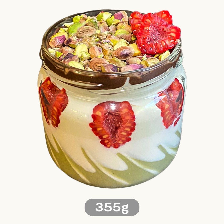 Jogurt hotový Pistáciový 355 g (pistácie, čokoláda a maliny)