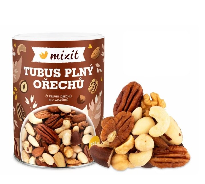 Směs ořechů para, kešu, mandle, vlašské, lískové, pekanové 350 g MIXIT (tubus plný ořechů) - Delikatesy Ořechy, sušené ovoce, müsli, kaše