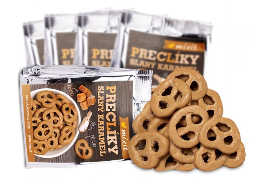 Preclíky solené v bílé čokoládě se slaným karamelem 70 g MIXIT (preclíky do kapsy) - Delikatesy, dárky Delikatesy