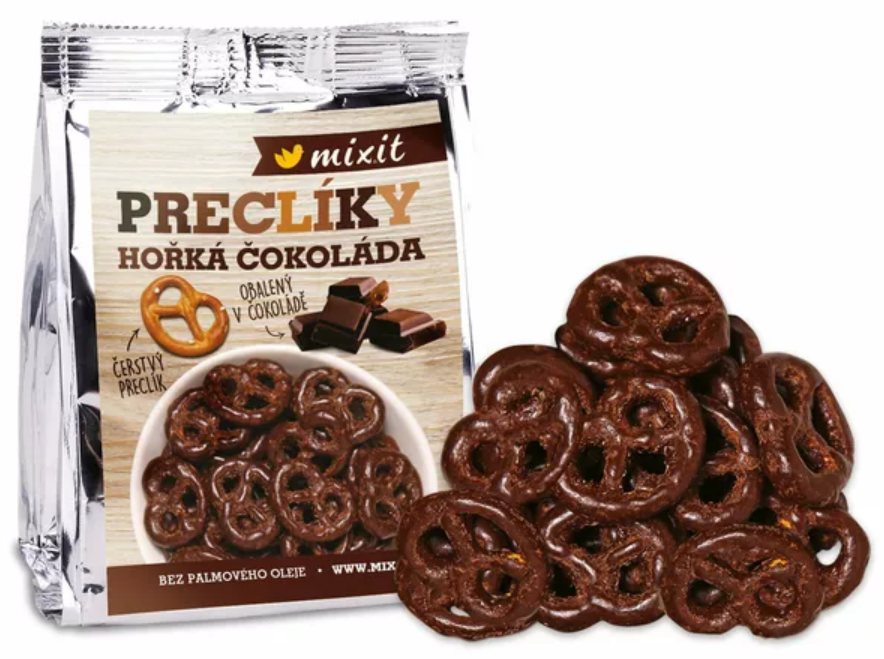 Preclíky solené v hořké čokoládě 70 g MIXIT (preclíky do kapsy) - Delikatesy, dárky Delikatesy