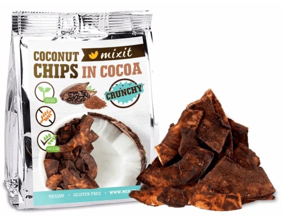 Chipsy pražené kokosové s kakaovým práškem 60 g MIXIT (kokosové chipsy do kapsy)
