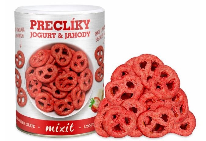 Preclíky v jogurtové čokoládě s jahodami 250 g MIXIT (velké preclíky) - Delikatesy, dárky Delikatesy