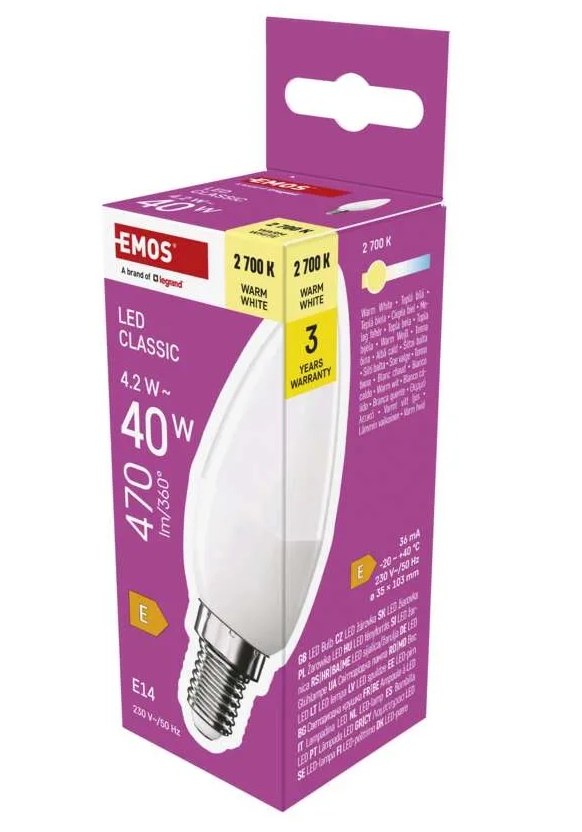 Žárovka LED ZQ3E21 CLS CANDLE 4,2 W (40 W) 470 lm E14 WW