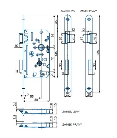 Zámek zadlabací K 380 L obyčejný klíč 72/80 backset (dorn) 55 mm čelo 20 mm LEVÝ plastová střelka - Vložky,zámky,klíče,frézky Zámky zadlabací, příslušenství Zámky zadlabací dveřní