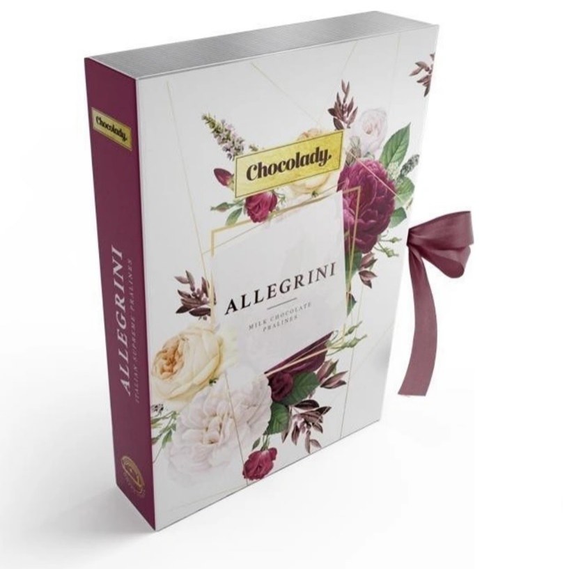 Bonboniéra tvaru knihy s pralinkami z mléčné čokolády 150 g bílá CHOCOLADY ALLEGRINI - Delikatesy, dárky Čokolády, bonbony, sladkosti