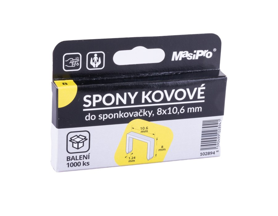 Spony do sponkovacího kladiva T50 8 x 1,24 x 10,6 mm MasiPro balení 1000 ks Spony do sponkovacího kladiva T50 8 x 1,24 x 10,6 mm MasiPro balení 1000 ks - Zednické nářadí, zahrada, nádoby Páskovače, sponkovače a přísl.