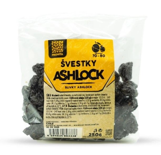Švestky Ashlock 70-80, 250 g PROVITA Švestky Ashlock 70-80, 250 g PROVITA - Delikatesy, dárky Čokolády, bonbony, sladkosti