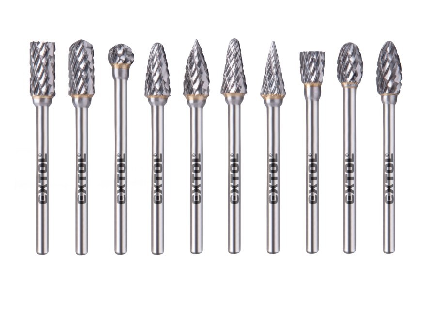 Frézy karbidové, 6 x 13 mm, stopka 3 mm, sada 10 ks, sek střední (double-cut) EXTOL INDUDSTRIAL