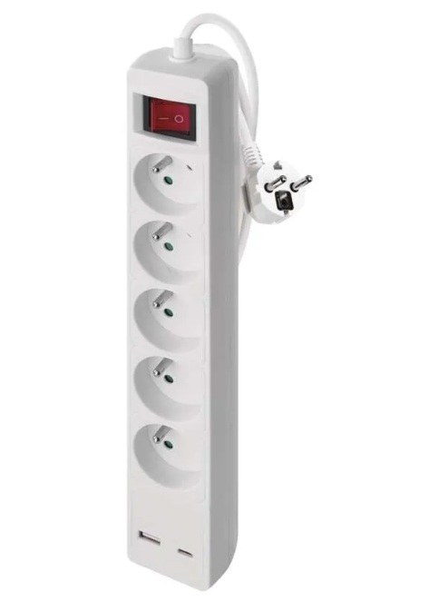 Kabel prodlužovací 3 m 5 zásuvek s vypínačem 1,5 mm P1513CU s USB A+C Kabel prodlužovací 3 m 5 zásuvek s vypínačem 1,5 mm P1513CU s USB A+C