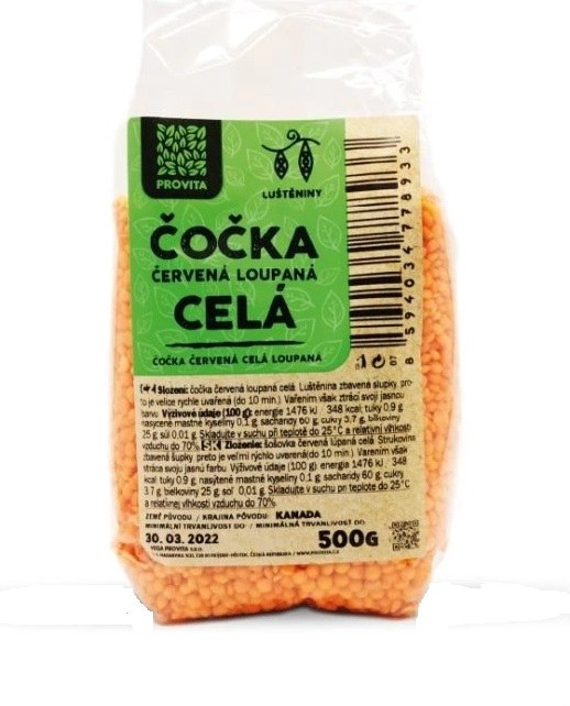 Čočka červená loupaná, celá 500 g, PROVITA - Trvanlivé potraviny