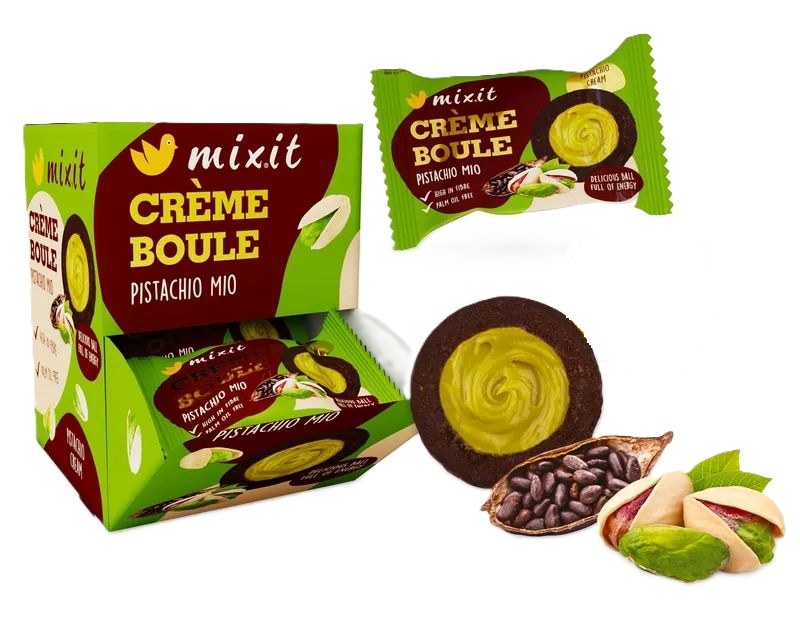 Koláček datlový s kakaem plněný pistáciemi 30 g MIXIT (créme boule) Koláček datlový s kakaem plněný pistáciemi 30 g MIXIT (créme boule) - Delikatesy Ořechy, sušené ovoce, müsli, kaše