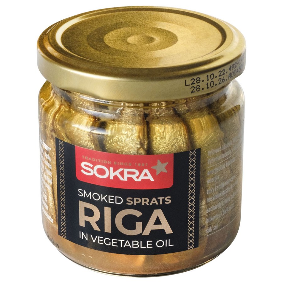 Šproty uzené v rostlinném oleji 185 g ve skle SOKRA - Trvanlivé potraviny